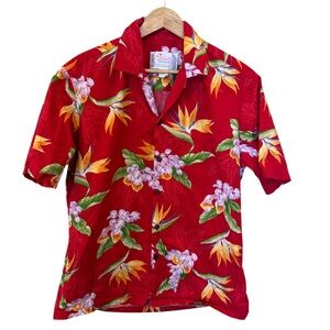 Hawaii Hangover Men’s Aloha Shirt Medium Red Floral Hibiscus Bird of Paradise
